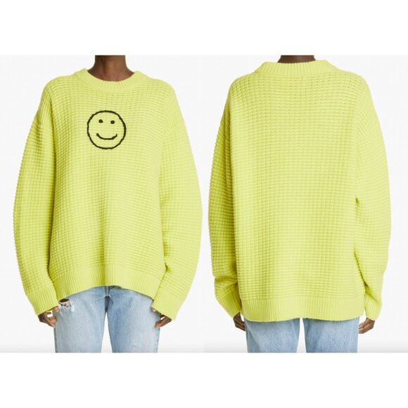 $1695 NWT The Elder Statemans Yellow Smiley Face Waffle Knit Crew Neck Sweater L - Picture 1 of 11